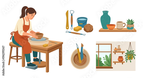 Young woman creating pottery at a wheel with finished ceramics nearby