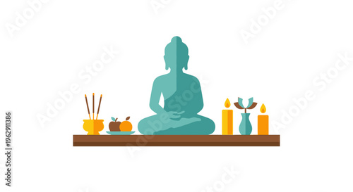 Serene buddha silhouette with offerings and candles on a shelf