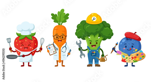 Cute anthropomorphic fruits and vegetables dressed as various professions