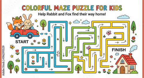 A colorful maze puzzle featuring a rabbit fox and winding pathways
