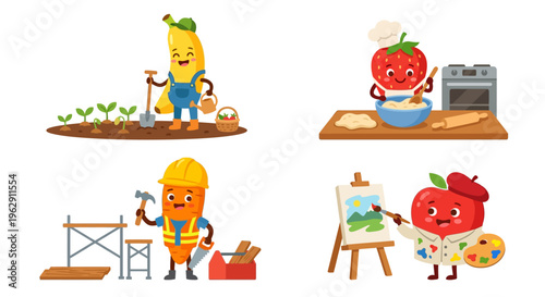 Cartoon fruits and vegetables engaged in various human activities
