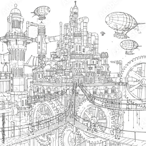 A detailed black and white city featuring airships, gears, and intricate structures