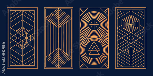 Ancient mystical symbols intricately woven into dark tapestries with golden geometric patterns and celestial motifs glowing softly