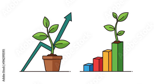 Growth and progress illustrated with plants and increasing bar graphs