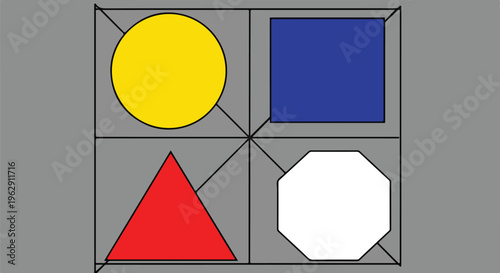 A geometric composition with colored shapes and a cross-hatch overlay