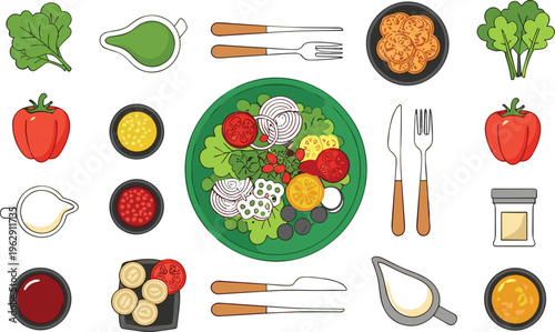 Healthy salad ingredients and meal elements flat vector illustration fresh vegetables sauces utensils and nutritious food composition set