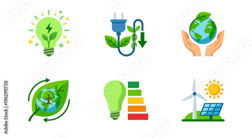 Sustainable energy icons representing renewable resources and environmental protection