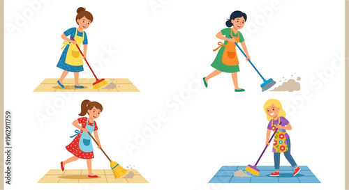 Four women are shown cheerfully cleaning floors with brooms and dustpans