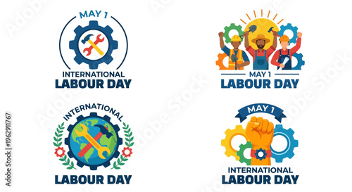 International labour day illustrations with gears workers and celebratory elements
