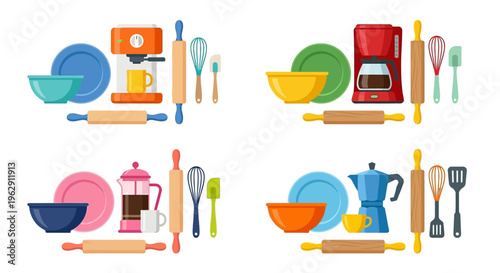 Colorful illustration depicting various baking and kitchen utensils arranged neatly