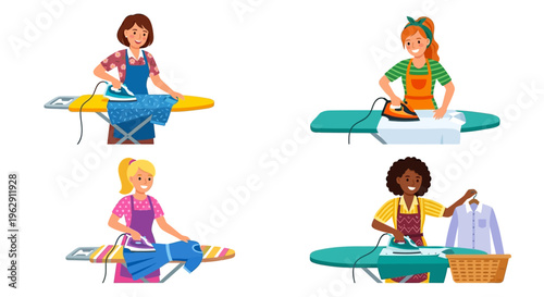 Four women cheerfully performing household chores like ironing and folding