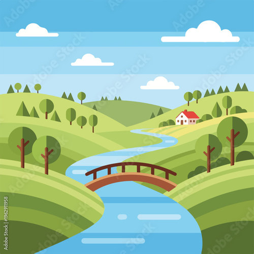 A colorful landscape with a river, house, bridge, trees, and rolling hills