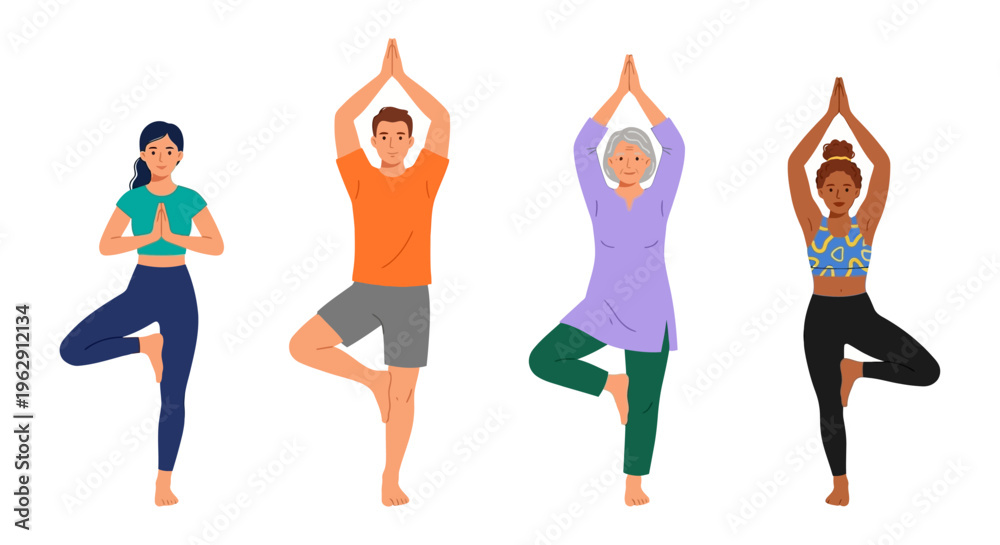 Fototapeta premium Four people of diverse ages practicing a tree pose in yoga