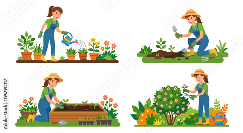 Two women happily gardening planting and watering flowers and vegetables