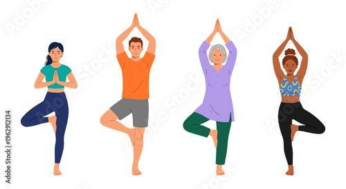 Four people of diverse ages practicing a tree pose in yoga