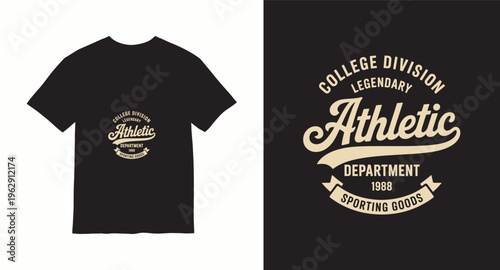 Vintage athletic department emblem for college division legendary sporting goods apparel.