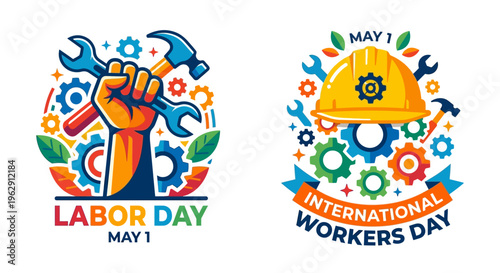 Celebrating labor day tools gears and a strong worker s hand