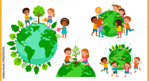 Children caring for the earth and planting trees together