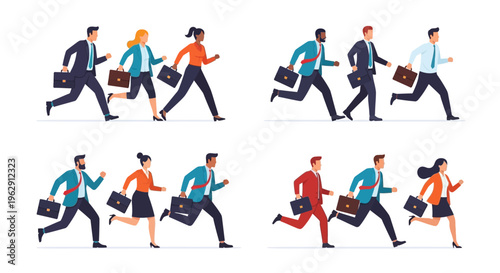 Diverse group of business professionals rushing forward with briefcases