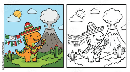 Cinco De Mayo Coloring Page with Mexican Dino Wearing Sombrero and Poncho