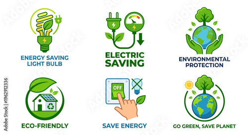 Illustrations depicting energy conservation electric saving and environmental protection
