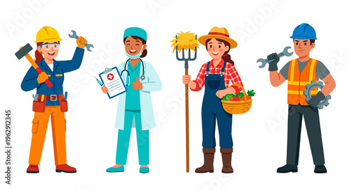 Diverse group of people representing various essential professions together