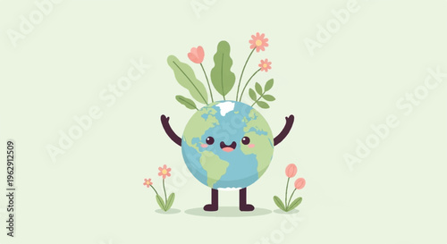 Happy earth with flowers and leaves on green background symbolizing eco friendly and environmental care