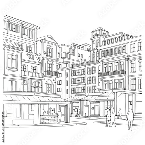 A detailed black and white sketch of a European city square, buildings and people