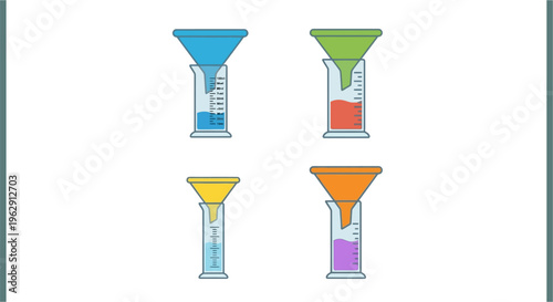 Four colorful funnels filtering liquids into graduated cylinders