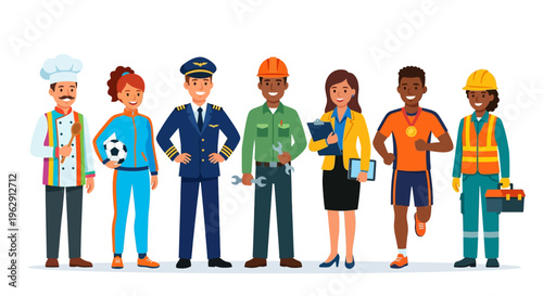 Diverse group of people representing various professions stand side by side