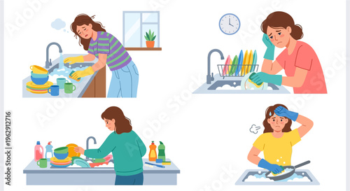 Woman overwhelmed with a large pile of dishes and household chores