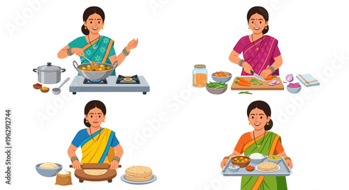 Indian women cooking and preparing traditional food in a kitchen setting