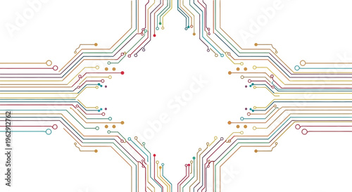 Abstract circuit board pattern with colorful lines and connection points