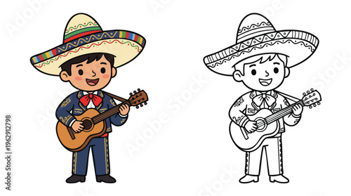 Cinco De Mayo Mariachi Musician Coloring Book Page Illustration