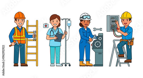 Diverse group of workers representing various essential professions shown together