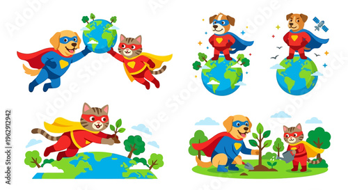 Superhero animals protect the earth with teamwork and environmental care