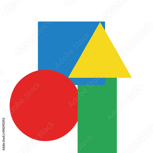 A geometric composition with primary colored shapes against white background