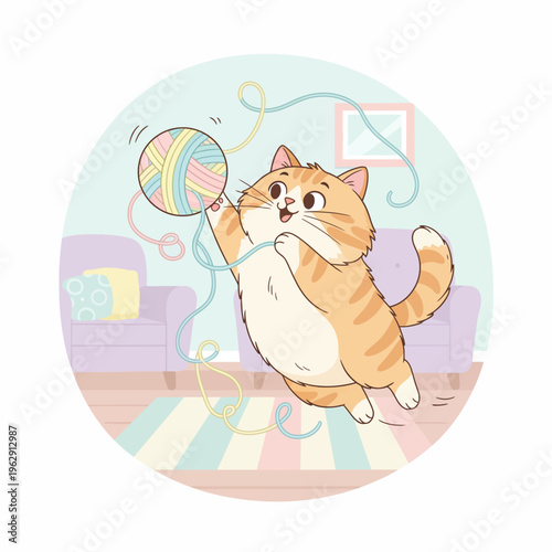 Playful Orange Cat Icon Sheet, Vector Icon Sheet of a Playful Cat with Yarn, Cute Cat Icons, Vector Sheet for Graphics and Design