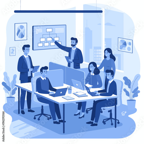 This dynamic vector illustration shows a business team collaborating, useful for creating individual icons or as a component of a larger vector icon sheet or general vector sheet of professional icons