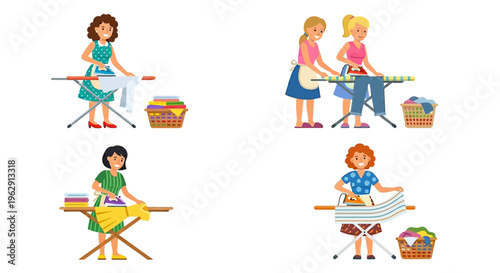 Four women cheerfully ironing clothes with baskets of laundry nearby