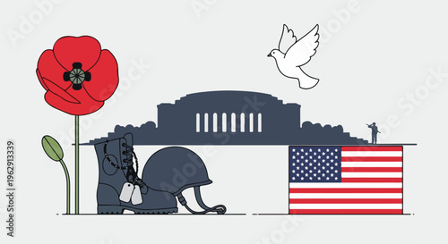 A patriotic illustration features a dove, poppy, memorial, and flag