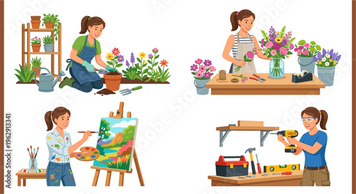 Woman enjoying various hobbies including gardening painting and do it yourself projects