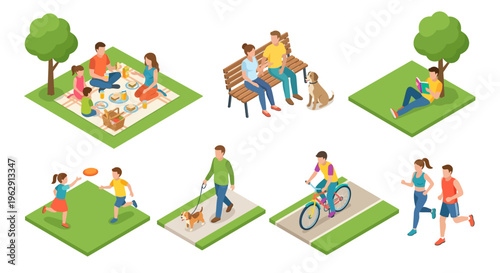 Isometric illustration of people enjoying various outdoor activities in a park