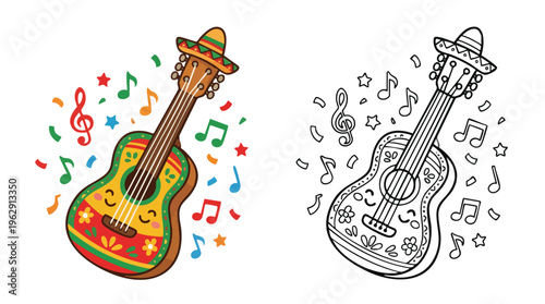 Cinco De Mayo Guitar with Sombrero and Confetti Black Outline for Coloring