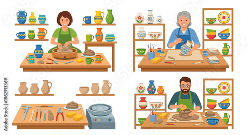 Pottery workshop with diverse artisans creating and displaying ceramic art