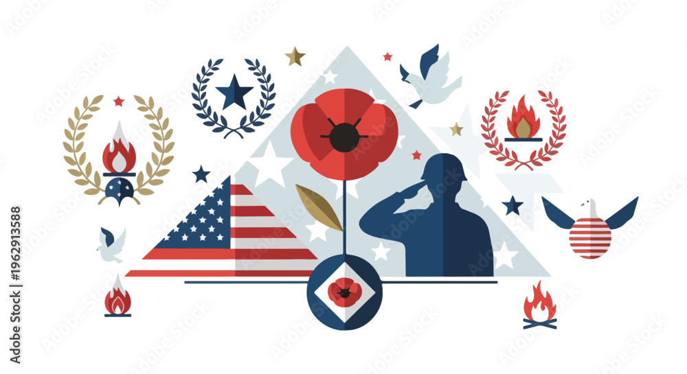 Obraz premium A patriotic illustration features a saluting soldier and various symbols
