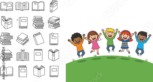 Happy diverse elementary school children jumping on green hill and large set of minimalist book icons for education library and reading concepts.