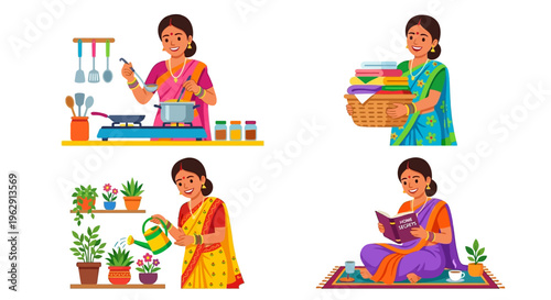 Indian woman performing various household chores and enjoying leisure activities