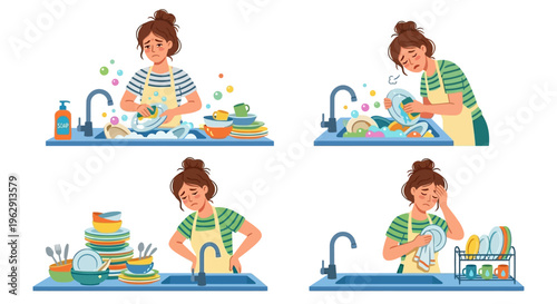 Woman overwhelmed with household chores specifically washing dishes