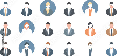 Collection of minimalist flat vector business avatars featuring diverse professional men and women in suits for corporate team profiles.